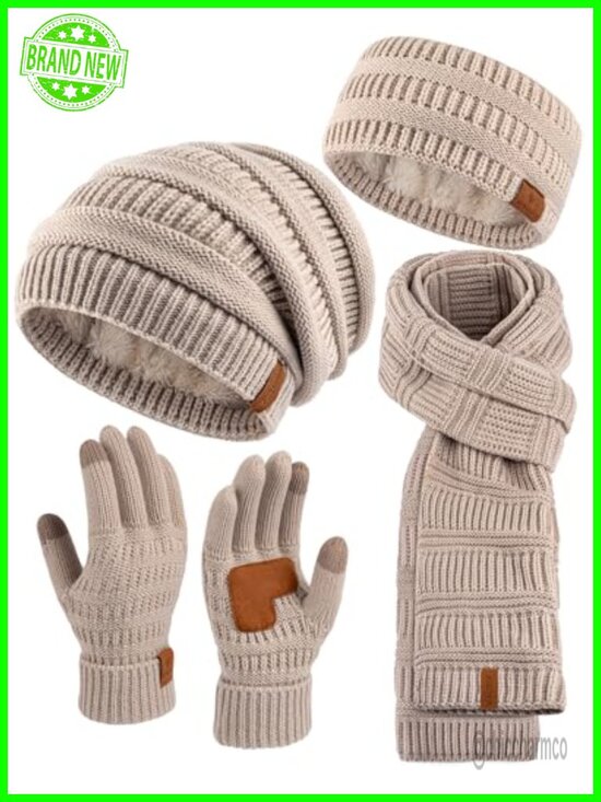 Fleece Lined Beanie Scarf Gloves Headband Set Touchscreen Knit Winter Hat main image 6
